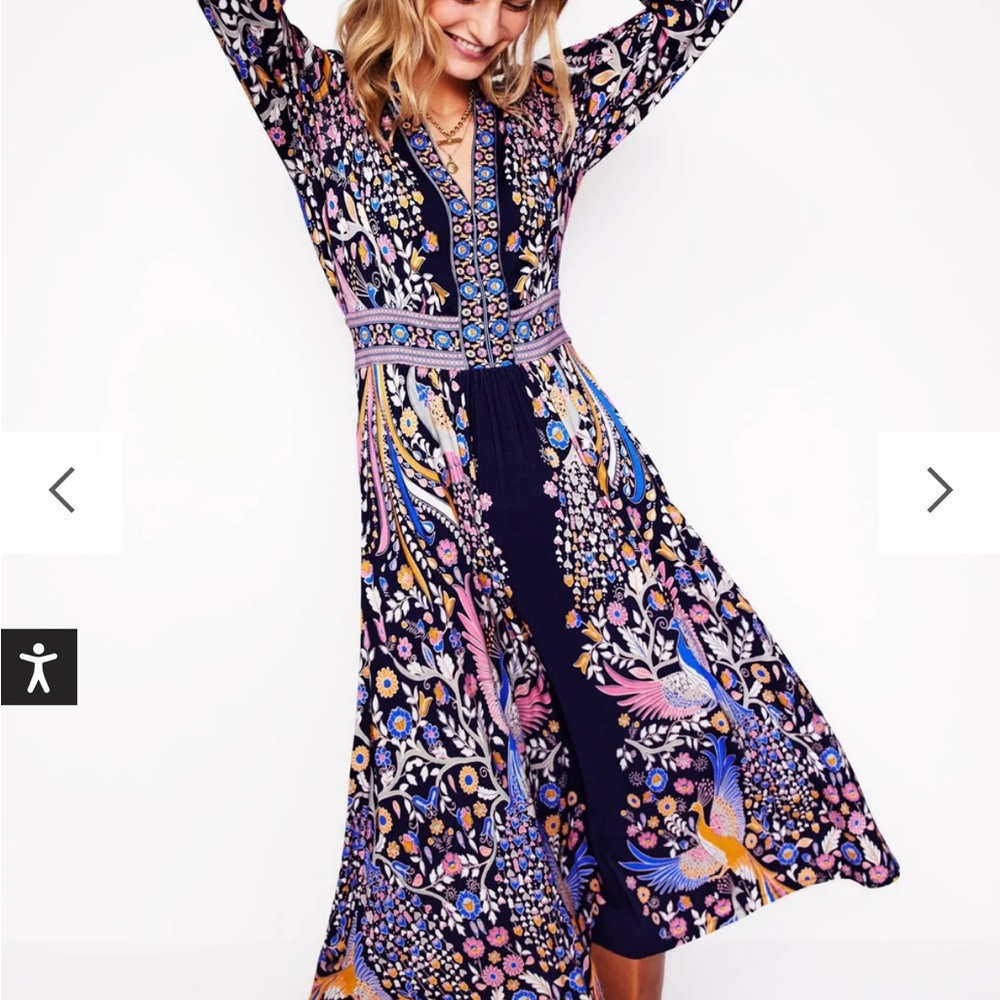 Boden Lily Long Sleeve Midi Dress-French Navy, Enchanting Peacock